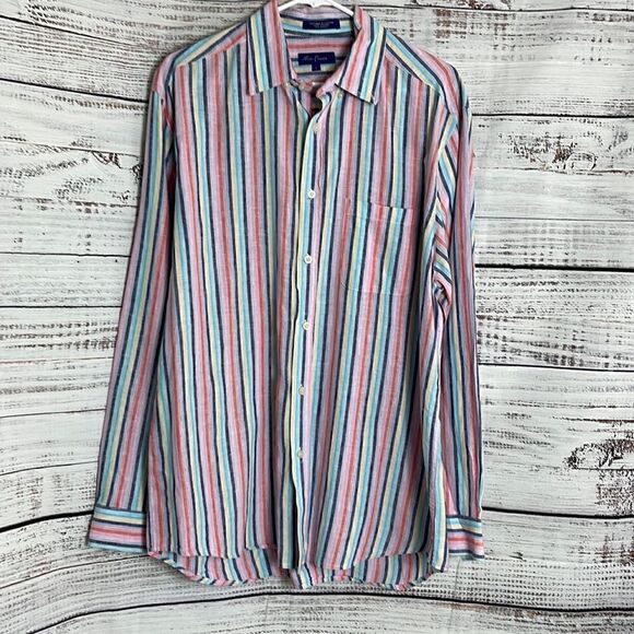 Alan flusser Shirt Mens Size large linen blend striped Button Up long sleeves - Picture 1 of 8